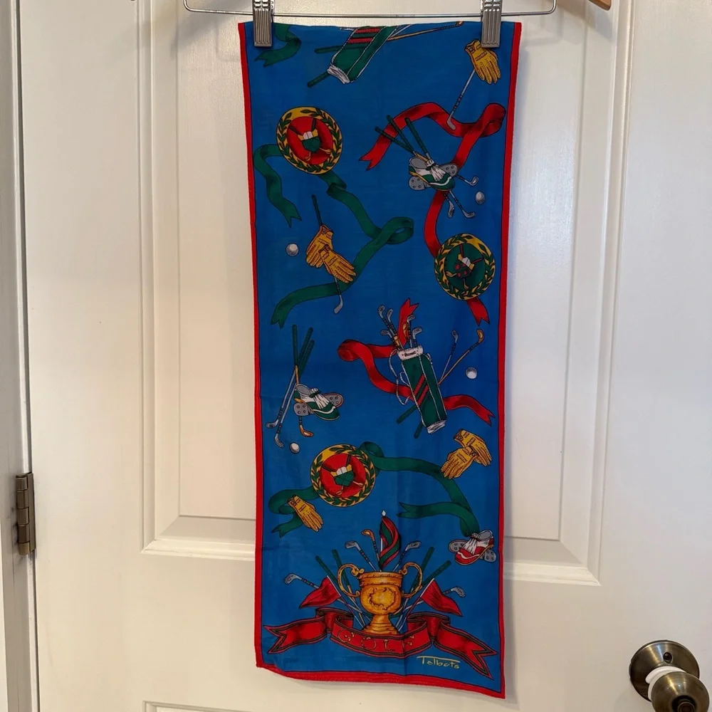 TALBOTS SCARF GOLF THEME BLUE RED GOLD MULTI COLOR RECTANGLE COTTON SILK BLEND